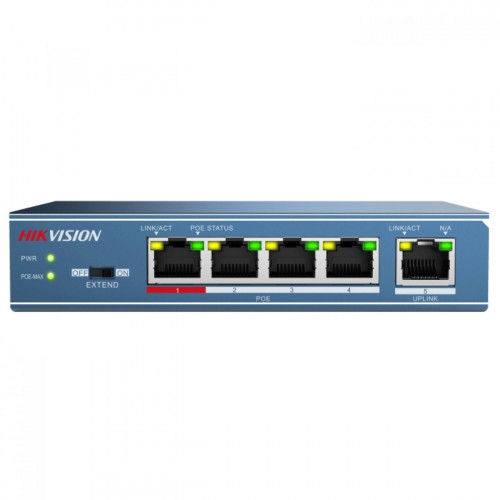 Hikvision DS-3E0105P-E(B) 4 RJ45 100M PoE с грозозащитой 6кВ, 2 порт с высоким приоритетом; 1 Uplink порт 100М Ethernet; бюджет PoE 60Вт; поддержка режима передачи до 250м,10Мб/с, CAT5e; таблица MAC а [DS-3E0105P-E(B)]