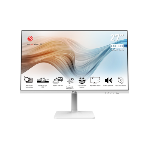 MSI Modern MD272PW 27" 16:9 FHD(1920x1080)IPS, 5ms(GTG),1000:1,100M:1, 250nit,178/178,HDMI 2.0b,DP 1.2a,USB-C, 2xUSB 2.0 Type-A, USB 2.0 Type-B,Speaker,Tilt,Swivel,Height,Pivot,VESA,75Hz,White,1y w-ty MSI Modern MD272PW 27" 16:9 FHD(1920x1080)IPS, 5ms(GTG),1000:1,100M:1, 250nit,178/178,HDMI 2.0b,DP 1.2a,USB-C, 2xUSB 2.0 Type-A, USB 2.0 Type-B,Speaker,Tilt,Swivel,Height,Pivot,VESA,75Hz,White,1y w-ty
