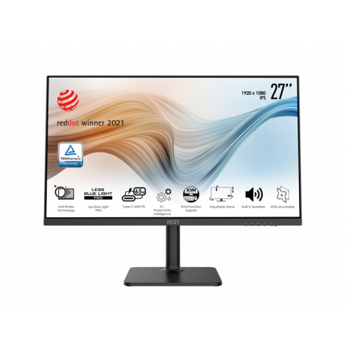 MSI Modern MD272P 27" 16:9 FHD(1920x1080)IPS, 5ms(GTG),1000:1,100M:1, 250nit,178/178,HDMI 2.0b,DP 1.2a,USB-C, 2xUSB 2.0 Type-A, USB 2.0 Type-B,Speaker,Tilt,Swivel,Height,Pivot,VESA,75Hz,Black,1y w-ty MSI Modern MD272P 27" 16:9 FHD(1920x1080)IPS, 5ms(GTG),1000:1,100M:1, 250nit,178/178,HDMI 2.0b,DP 1.2a,USB-C, 2xUSB 2.0 Type-A, USB 2.0 Type-B,Speaker,Tilt,Swivel,Height,Pivot,VESA,75Hz,Black,1y w-ty