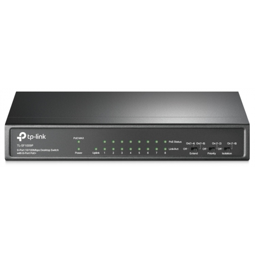 TP-Link 9-портовый 10/100 Мбит/с неуправляемый PoE коммутатор, 8 портов PoE+, IEEE 802.3af/at, бюджет PoE 65 Вт, стальной корпус, режим Extend Mode PoE до 250 метров