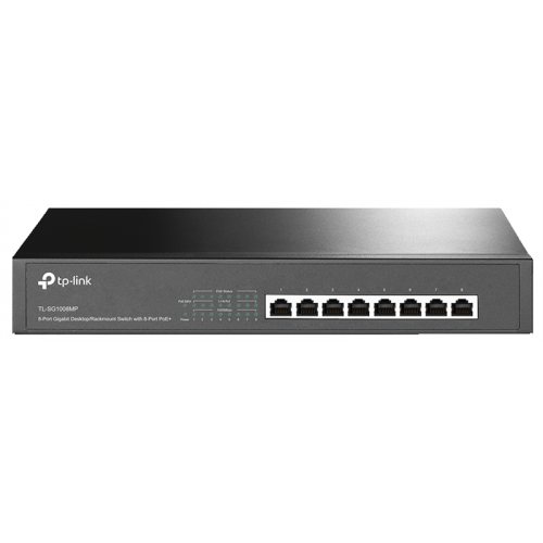 TP-Link 8-портовый гигабитный PoE+ коммутатор, 8 гигабитных портов RJ45, 8 портов с поддержкой PoE+, поддержка 802.3af/at, бюджет PoE+ до 126 Вт, стальной корпус монтируемый в 13' стойку