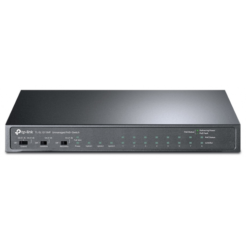 TP-Link 8-портовый 10/100 Мбит/с неуправляемый коммутатор с 2 гигабитными портами RJ45 и 1 гигабитным uplink-портом SFP, 8 PoE-портов 802.3af/at, бюджет PoE до 124 Вт, режим расширения до 250 м